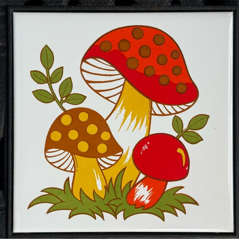 1970s SEARS & ROEBUCK CO 12” X 8” MERRY MUSHROOM TRIVET WITH CERAMIC TILE